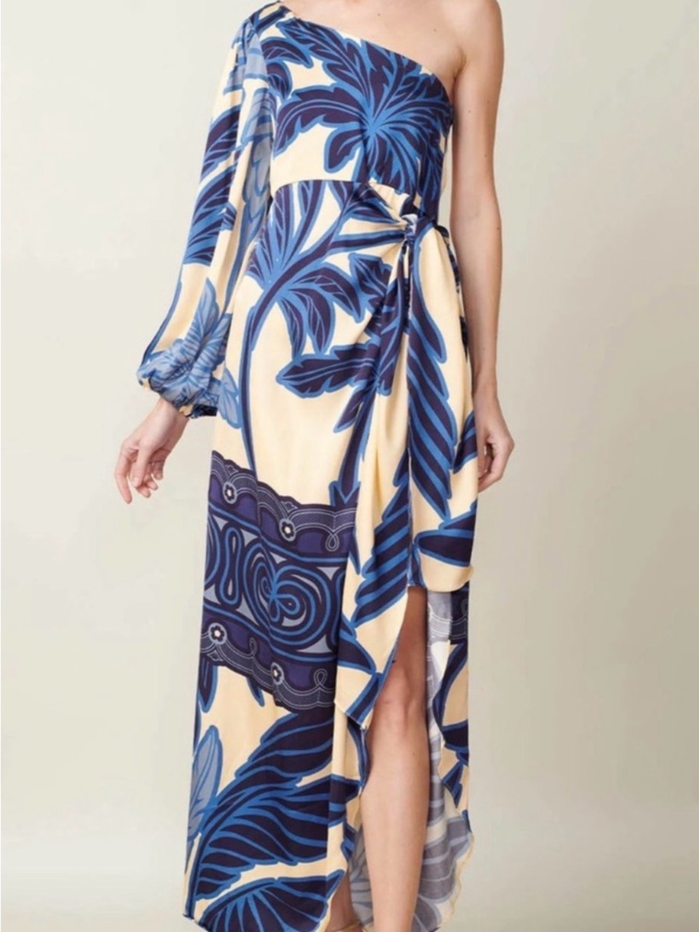 Asymmetric One-Shoulder Blue Palm-Print EUGENIA FERNÄNDEZ Rabat Dress